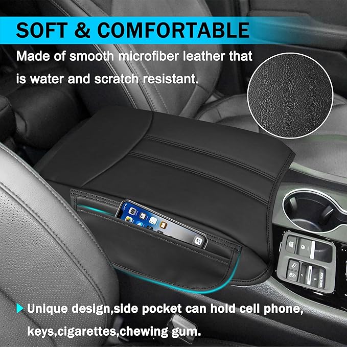 SENSHINE Armrest Cover for Honda Pilot Accessories 2023 2024 2025 2026 Center Console Cover Anti-Scratch Leather Armrest Protector Middle Console Pad with Side Pockets for Honda Pilot (Black Stitch)