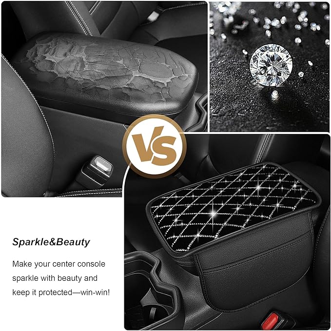 YORKNEIC Console Cover Fit for Model S Bling Car Center Console Cover: Crystal Rhinestone Car Armrest Cushion Diamond Middle Console Cover