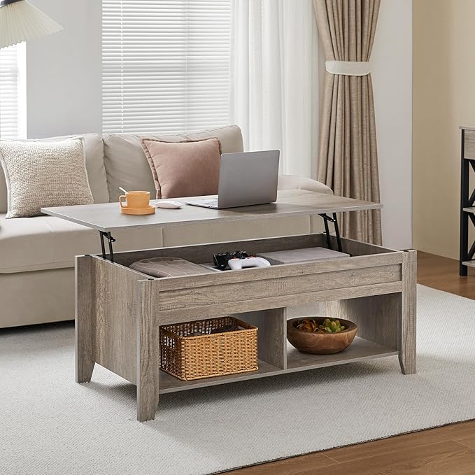 Yaheetech Lift Top Coffee Table, Coffee Table with Hidden Storage Compartment & Lower Shelf, 39.5in Center Table for Living Room, Office, Grey