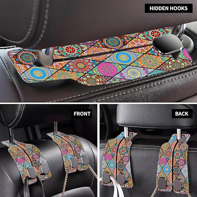 Purse Hook for Car Vintage Boho Mandala Flowers 1 Pack Headrest Back Seat Hook Premium Leather Double Metal Hanger Storage Pack Bag Purse Holder Car Accessories