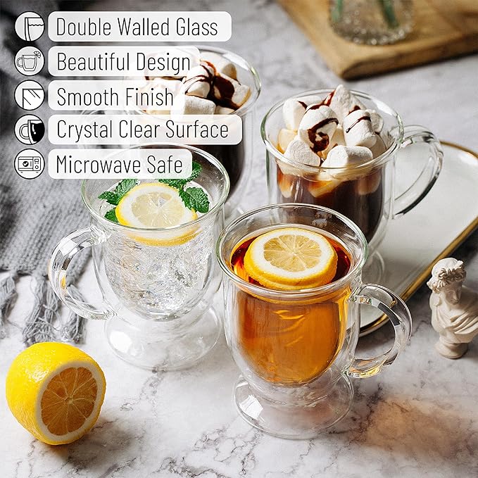 BTaT- Double Walled Glass Coffee Mugs, 12 oz, Set of 6, Glass Coffee Cups with Handle, Insulated Clear Coffee Mug for Hot and Cold Beverages, Cappuccino, Latte, Tea, Americano, Microwave Safe