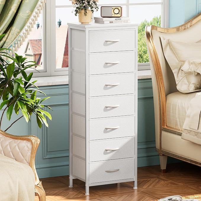 Huuger Tall Dresser for Bedroom, 7 Drawer Dresser & Chests of Drawers, Fabric Drawer for Closet, Bedroom, Night Stand, Metal Frame, Storage Tower with Fabric Bins, White