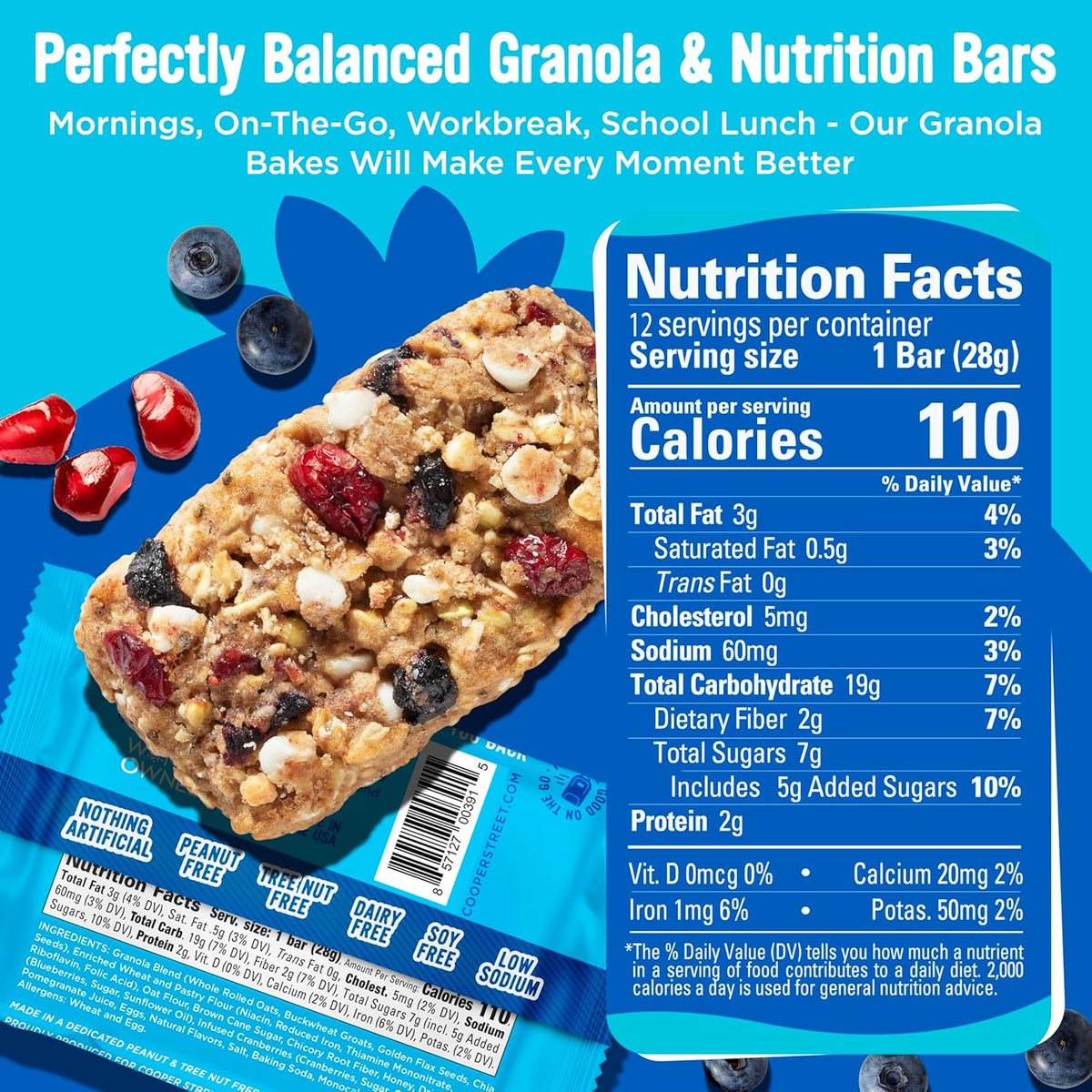 Cooper Street Granola Bakes - Soft Baked Oats, Grain & Seeds Breakfast Granola Cookie Bars - Nut & Dairy Free, Low Sodium, Healthy Lunchbox Snacks for Kids & Adults - Blueberry Pomegranate - 12 Pack