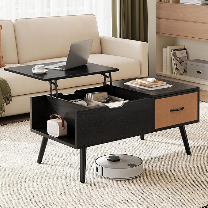 Yaheetech Lift Top Coffee Table for Living Room, Wooden Small Center Tables with Large Storage Shelf Drawer and Hidden Compartment Modern, Black