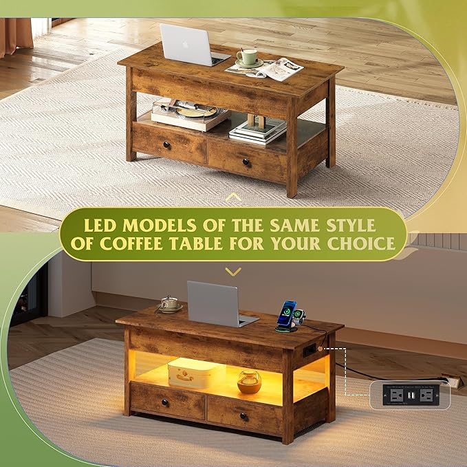 WLIVE Coffee Table, Lift Top Coffee Table with 2 Drawers, Large Storage and Open Shelf, Lift Tabletop for Living Room, Rustic Brown