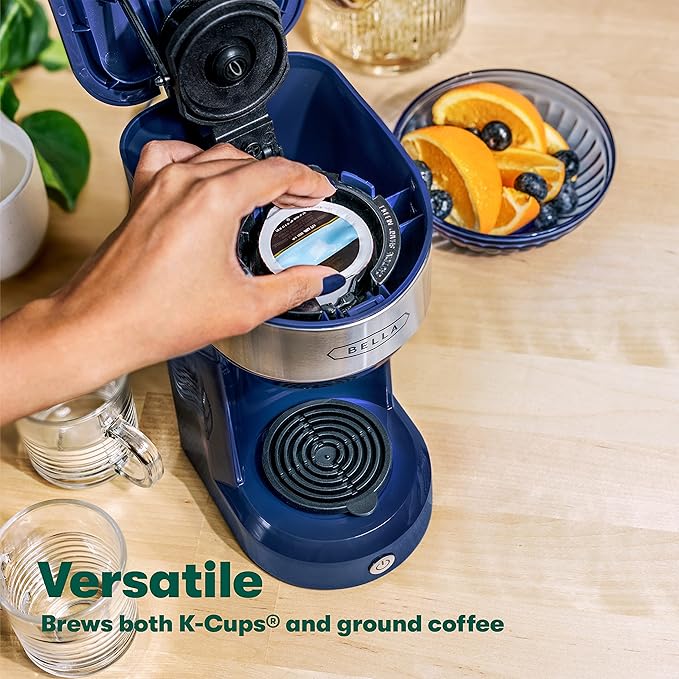 BELLA Dual Brew Single Serve Coffee Maker, Brews both Kcup and Ground Coffee, Large 14oz Capacity, Easy One Touch, Auto Shutoff, Navy
