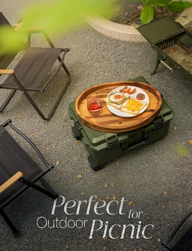 Acacia Wood Ottoman Tray with Handles - 20" x 15" Round - Large Oval Serving Trays for Living Room -Wooden Trays for Decorative for Kitchen Counter, Coffee Table, Breakfast in Bed (Acacia)
