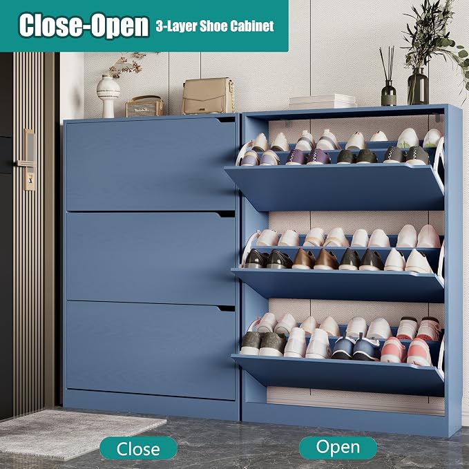 Xixini Shoe Storage Cabinet for Entryway with 3 Flip Drawers, Sturdy Wood Hidden Shoe Storage, Freestanding Narrow Slim Shoe Organizer for Front Door Entrance, Living Room, Hallway, Bedroom, Blue