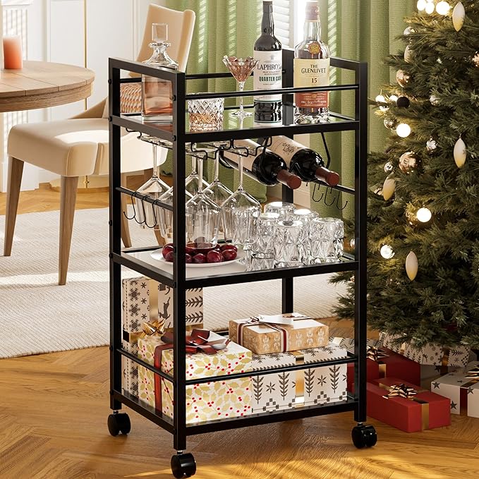 Bar Cart, Serving Cart for Home, Microwave Cart, Drink Cart, Mobile Kitchen Shelf with Wine Rack and Glass Holder, Rolling Beverage Cart for Dining Room, Black