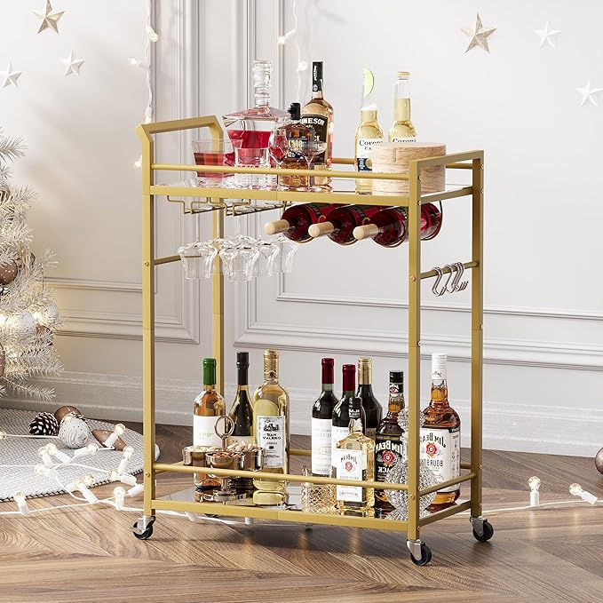 3 Tier Bar Cart, Small Beverage Cart, Mini Bar Cart with Wine Rack, Home Bar Serving Cart with Wheels for Kitchen Dining Living Room (Gold, Mirrored)