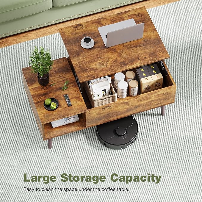 OLIXIS Wooden Coffee Table, Lift Top Coffee Table with Large Hidden Compartment and Ample Storage Shelf, Lift Tabletop Dining Table for Living Room, Home Small Space, Rustic