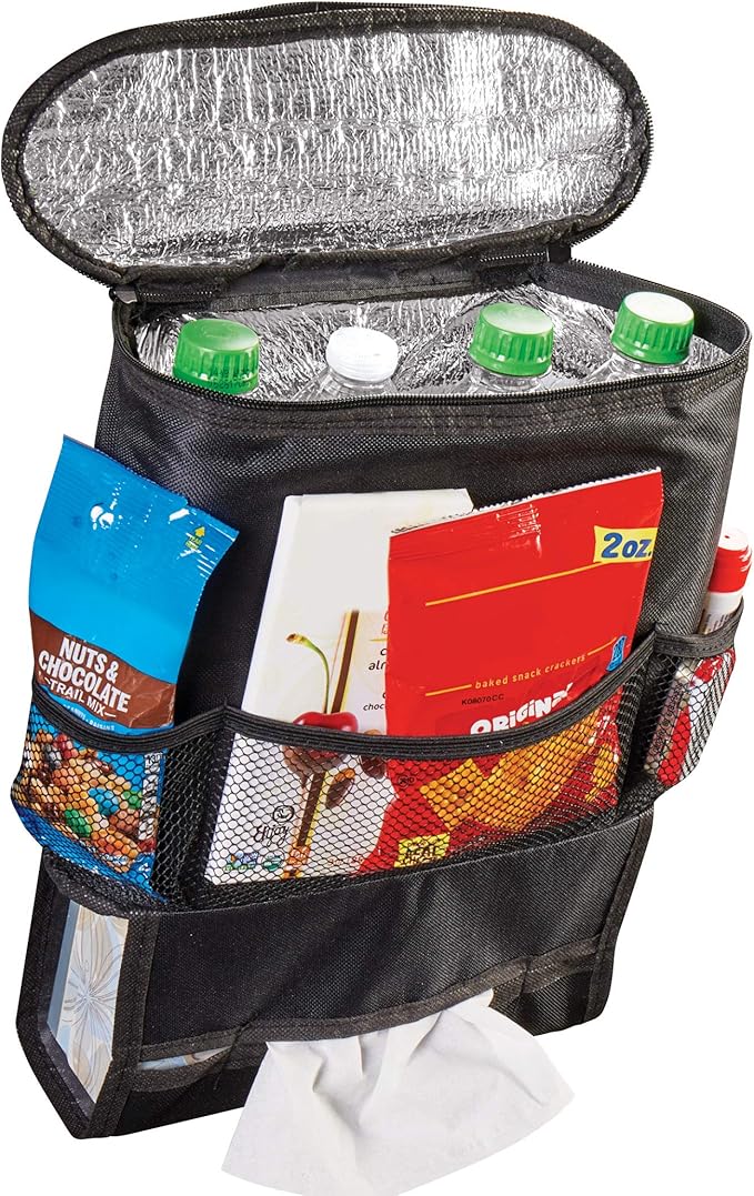 Collections Etc Hanging Back Seat Car Organizer, Storage, and Cooler Bag - Features an Insulated Compartment, 3 Mesh Pockets, Built-in Bottom Tissue Dispenser, Adjustable Top Strap