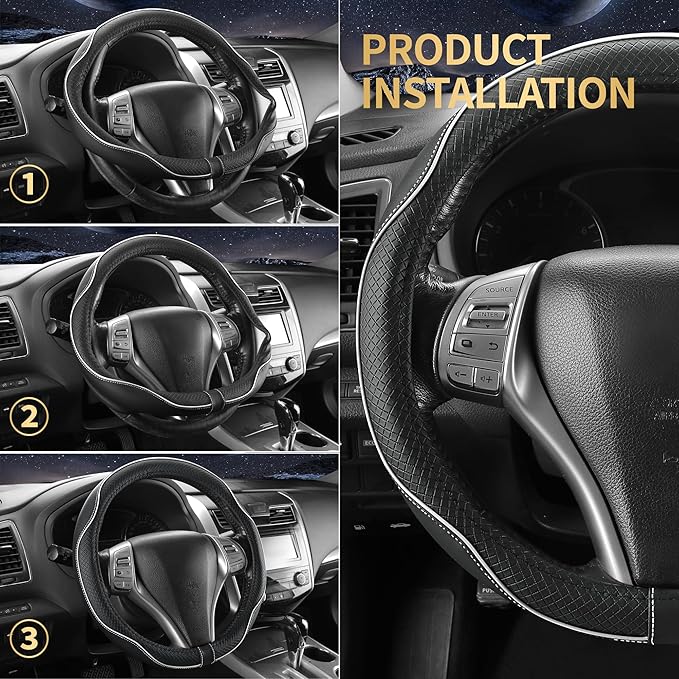 Leather Car Steering Wheel Cover,Anti-Slip, Safety,Soft,Breathable,Heavy Duty,Thick,Full Surround, Sports Style,Universal Car Accessories for Women Men Fit 14" 1/2-15"(Black with White line)
