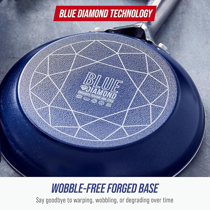 Blue Diamond 20 Piece Nonstick Cookware Set, Diamond Ceramic Pots & Pans, Dishwasher & Metal Utensil Safe, Non Toxic PFAS-Free, Kitchen Cooking Sauce & Saute Pans, Oven & Broiler to 600F, Blue