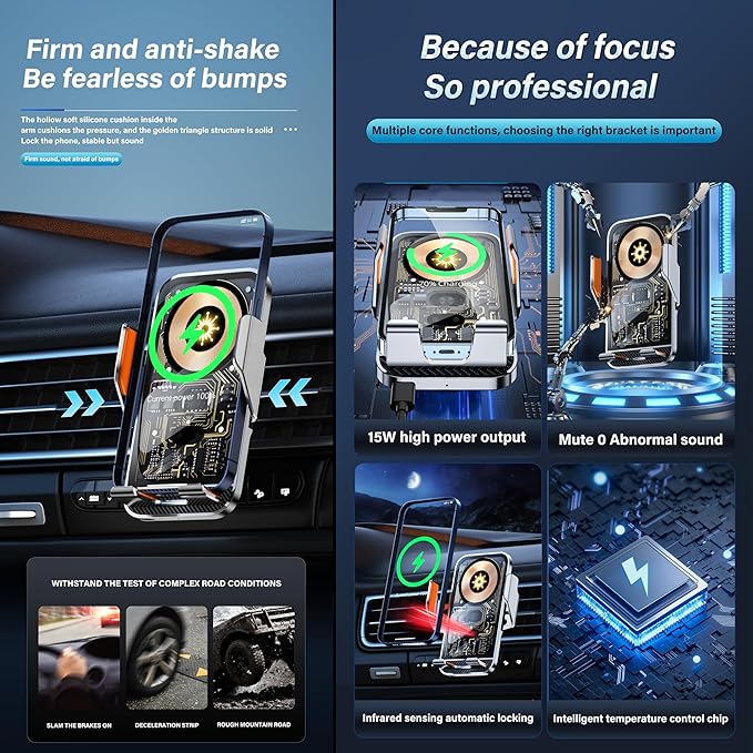 Wireless Car Phone Mount, 15W Fast Charging Car Phone Holder Charger Auto-Clamping 360 Dgrees Rotation Adjustable Air Vent Phone Mount Car Charger with luminous Logo for iPhone 16 15 14 13 S24 S23 S22