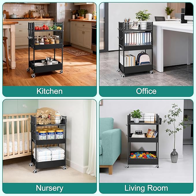 3-Tier Rolling Storage Cart Metal Utility Cart with Wheels, Office Organizer with Hanging Cups, Hooks, Book Snack Craft Mobile Shelving Unit for Office Kitchen Nursery