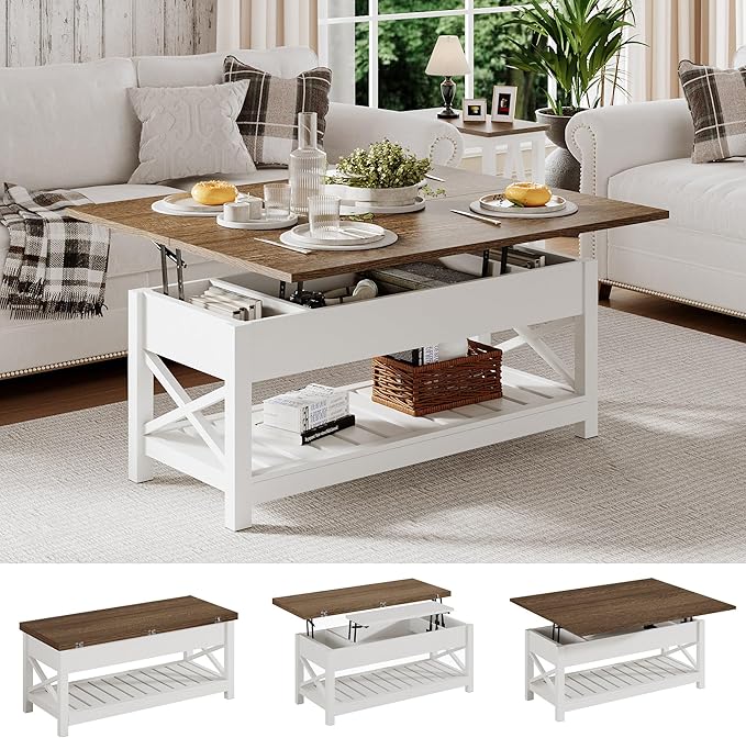 ChooChoo Farmhouse Lift Top Coffee Table, Multi-Function Convertible Coffee Table with Storage and Hidden Compartment, Converts to Dining Table for Living Room, 40 White & Brown
