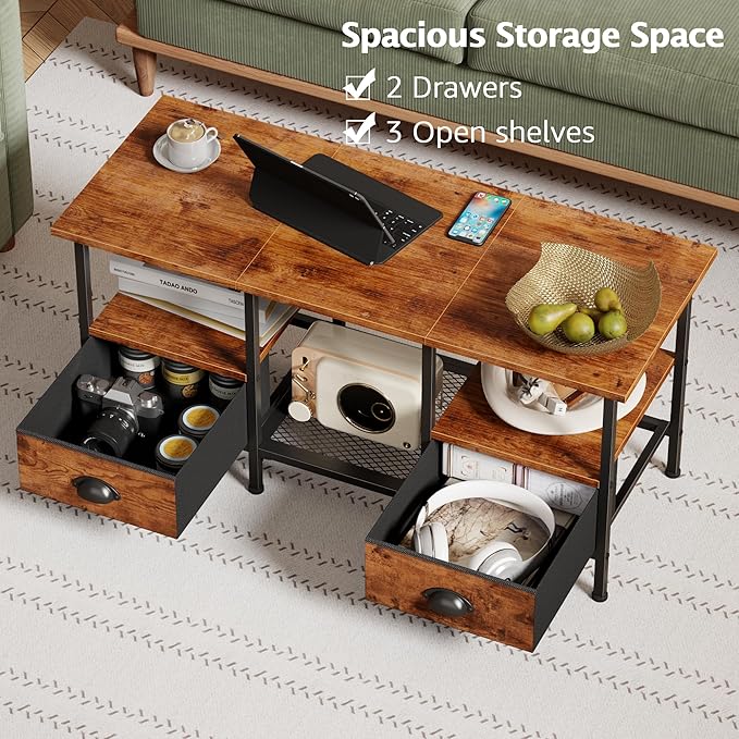 Furologee 35" Coffee Table with 2 Storage Drawers, Small Coffee Tables for Living Room, Industrial Center Table with 2 Tier Storage Shelf, Rustic Brown