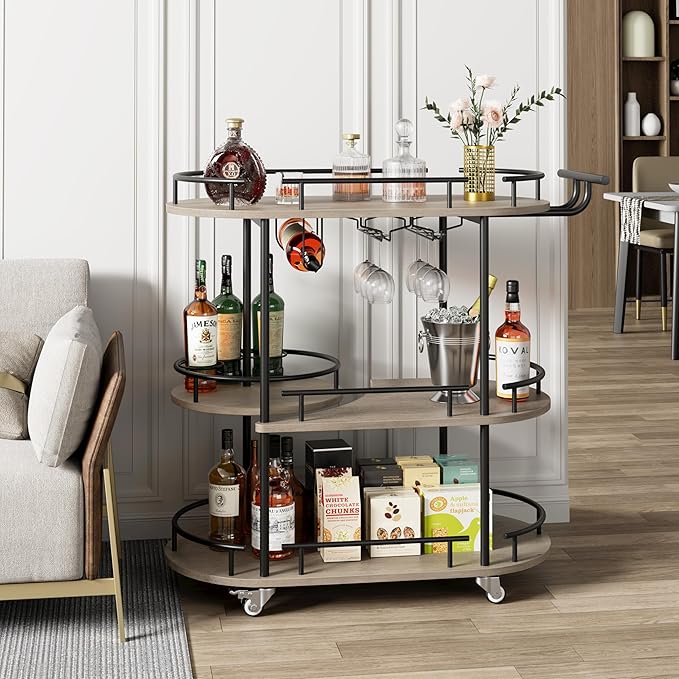 GarveeHome Black Bar Carts with 4-Tiers Storage Shelves，Mobile Bar Seving Carts On Wheels with Wine Rack and Glass Holder for Kitchen, Dining Room, Living Room-Black+Grey