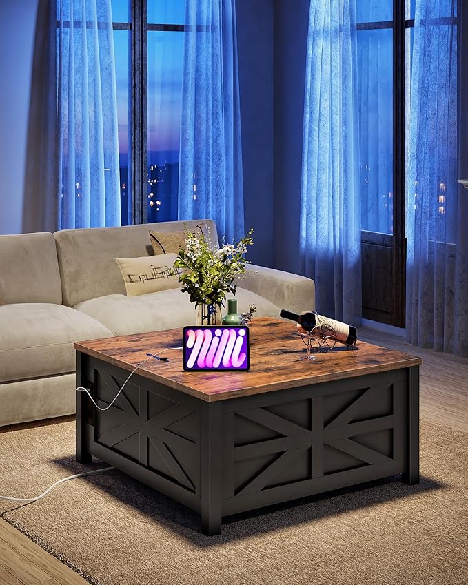 31.5" Lift Top Coffee Table, Farmhouse Coffee Table with Charging Station and Storage, 2 AC Outlets and 2 USB Ports, Black and Rustic Brown MKF02UBFN1
