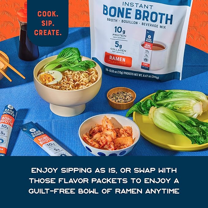 Bare Bones Ramen Bone Broth Instant Powdered Mix Packets | 5g Collagen | 10g Protein | Keto & Paleo Friendly | No Artificial Flavors | Non-GMO, Gluten-Free, Dairy-Free Rich Savory on-the-go 16 Pack