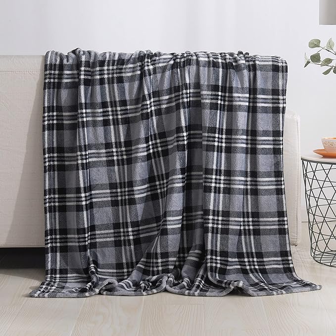 Elegant Comfort Luxury Velvet Super Soft Christmas Prints Fleece Blanket-Holiday Theme Home Décor Fuzzy Warm and Cozy Throws for Winter Bedding, Couch and Gift, 50 x 60 inch, Gray Plaid Throw
