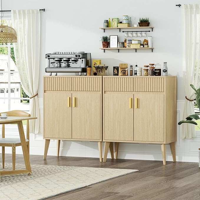 Sideboard Storage Cabinet with 2 Drawers & 2 Doors, Fluted Kitchen Buffet Cabinet with Adjustable Shelves, Coffee Bar Station for Living Room, Entryway, 13.8 x 27.6 x 35.6 in., Natural Wood