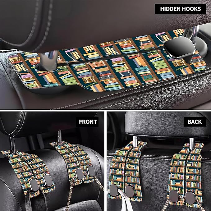 Purse Hook for Car Vintage Bookshelve Library Bookcase 1 Pack Headrest Back Seat Hook Premium Leather Double Metal Hanger Storage Pack Bag Purse Holder Car Accessories