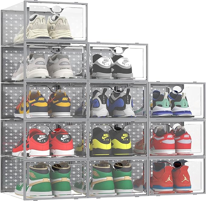 Pinkpum 12 Pack XXL Shoe Storage Box Fit for Size 14, Clear Plastic Stackable Shoe Organizer for Closet, Shoe Containers Sneaker Storage Clear and Grey