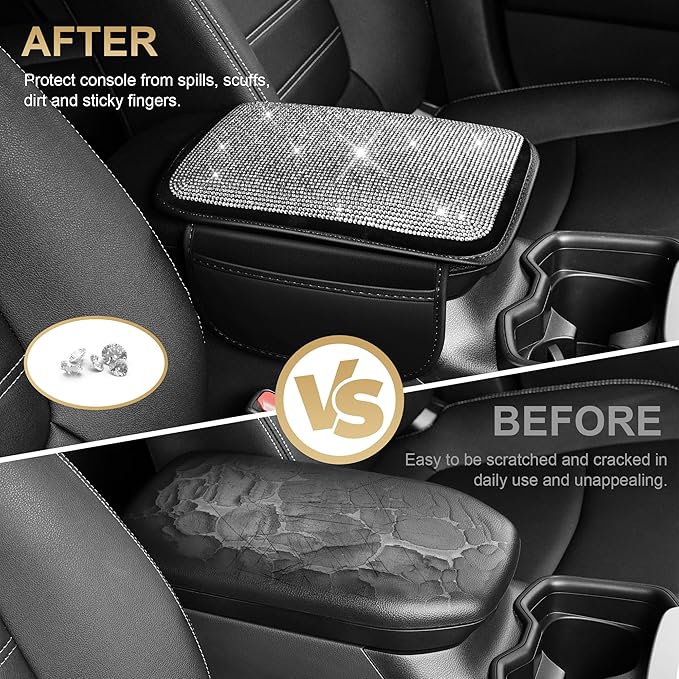 Center Console Cover Fit for RLX: Upgraded Diamond Auto Middle Console Cover - Crystal Rhinestone Armrest Cover for Car with 2 Storage Bags,Anti-Scratch Auto Armrest Pad Accessory （Black