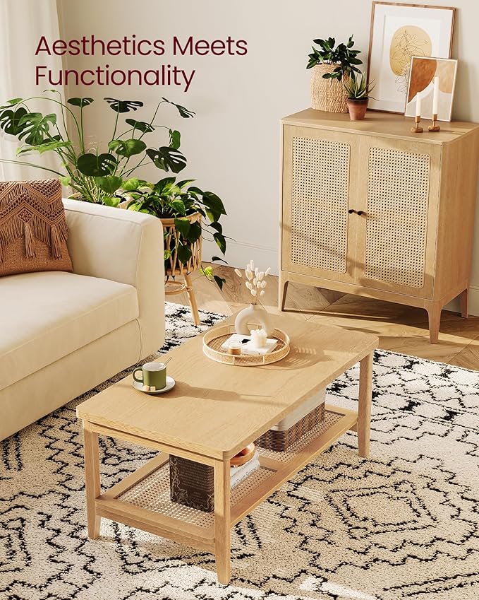 VASAGLE 2-Tier Coffee Table for Living Room, Rectangular Living Room Table, with PVC Rattan Storage Shelf, Rounded Corners, Easy Assembly, Boho Style, 21.7 x 39.4 x 17.7 Inches, Oak Beige ULCT240Y57