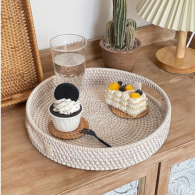 11.8" Round Rattan Tray, Hand Woven Serving Tray with Handles, Wicker Serving Basket, Decorative Tray for Home Decor, Whitewash