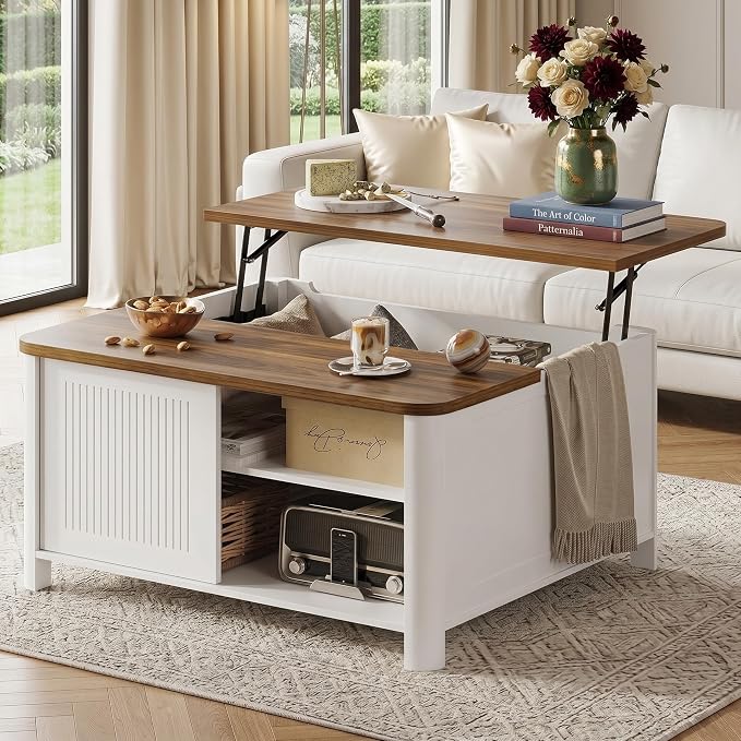 Decofy Lift Top Coffee Table with Storage Mid Century Modern Square Coffee Tables for Living Room, Large Hidden Storage Compartment, Adjustable Shelves & Sliding Door