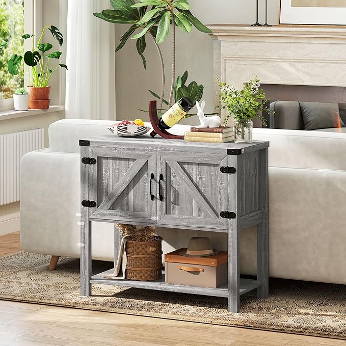 HOMCOM Farmhouse Double Door Coffee Bar Cabinet, Console Table, Sideboard Buffet Cabinet with Bottom Shelf for Entryway, Living Room, Stone Gray