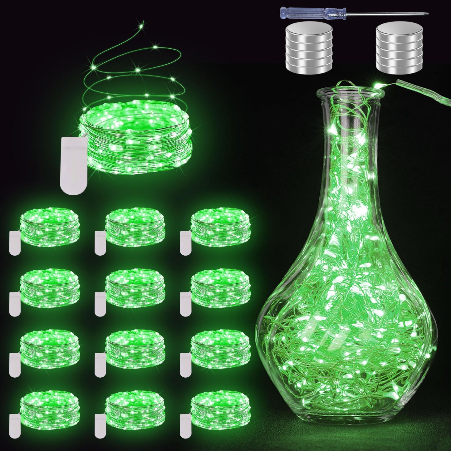 JUSTPRO Fairy Lights String Lights - 12 Pack, 7ft, 20 LED, Waterproof Silver Wire, Green, Model JK5876-12PK