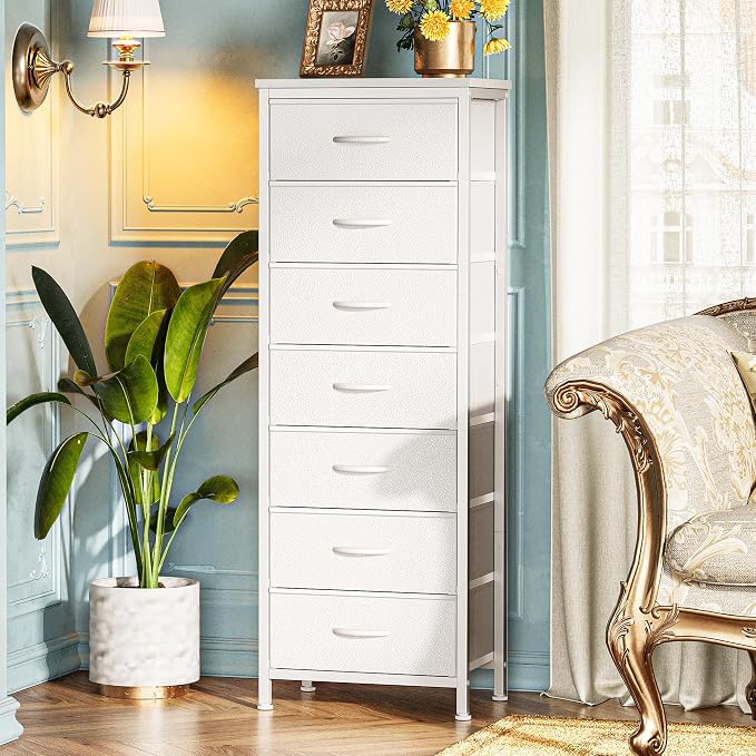 Huuger Tall Dresser for Bedroom, 7 Drawer Dresser & Chests of Drawers, Fabric Drawer for Closet, Bedroom, Night Stand, Metal Frame, Storage Tower with Fabric Bins, White