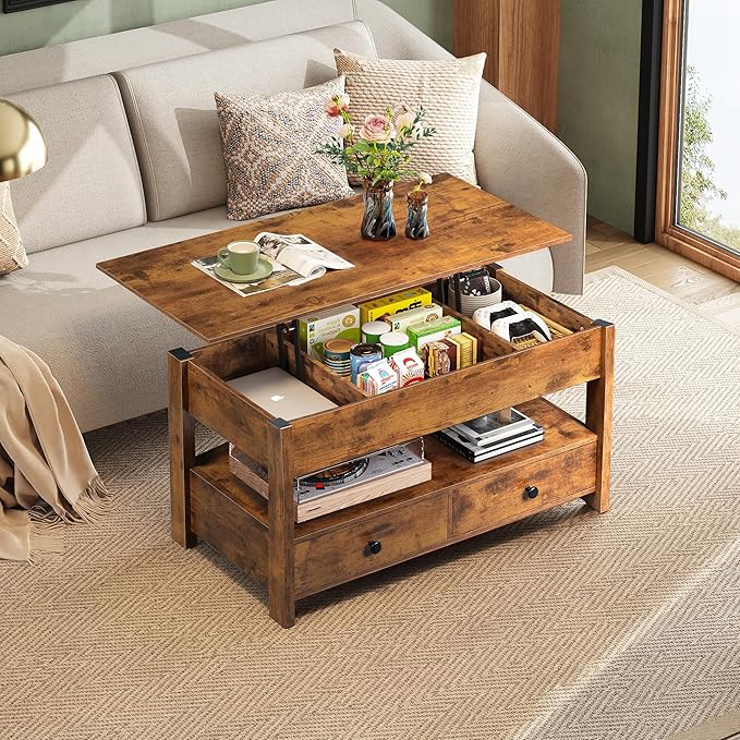WLIVE Coffee Table, Lift Top Coffee Table with 2 Drawers, Large Storage and Open Shelf, Lift Tabletop for Living Room, Rustic Brown