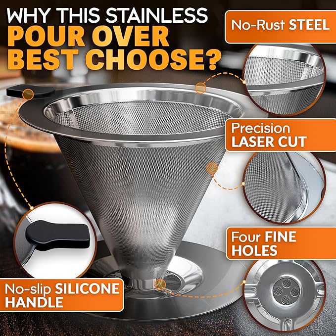 Stainless Steel Pour Over Coffee Maker With Cleaning Brush & Non-Slip Silicone Handle - 2 Cups Capacity Stainless Steel Pour Over Coffee Dripper With Secure Wide Base, Clean Flavor Paperless
