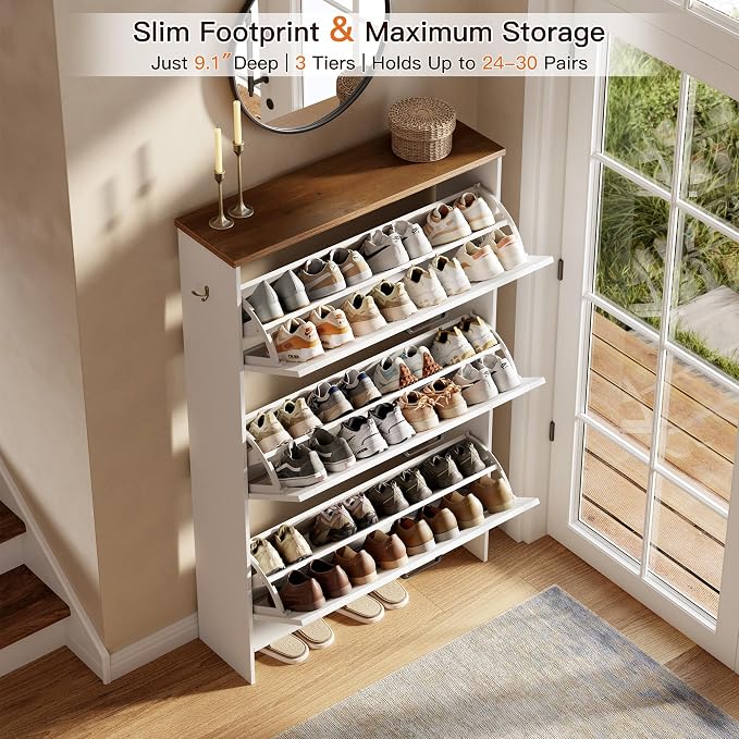 Shoe Storage Cabinet for Entryway, Nicetree Freestanding Shaker Barn Door Ultra Slim Shoe Cabinet With 3 Flip Drawers, Farmhouse Shoe Rack With 3-Tier Adjustable Shelves For Hallway Foyer Rustic-White