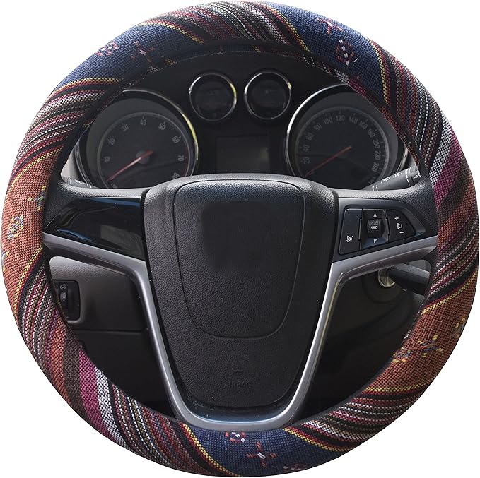 Large Ethnic Style Coarse Flax Cloth Automotive Steering Wheel Cover Anti Slip and Sweat Absorption Auto Car Wrap Cover (15.25''-16'', F)