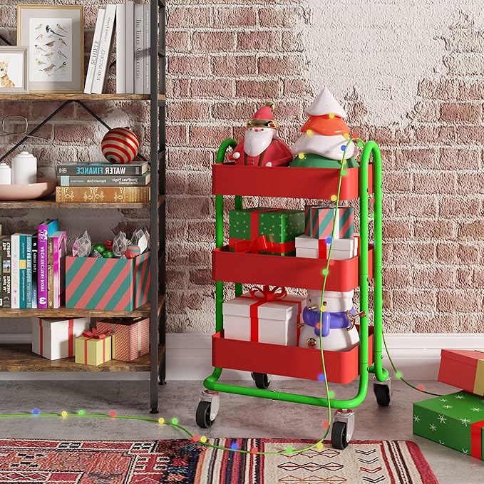 3-Tier Utility Rolling Cart,Kitchen Storage Carts with Wheels,Metal Rolling Cart for Office,Home,Kitchen,Garden（13.4"x18.1"x31"） Red+Green