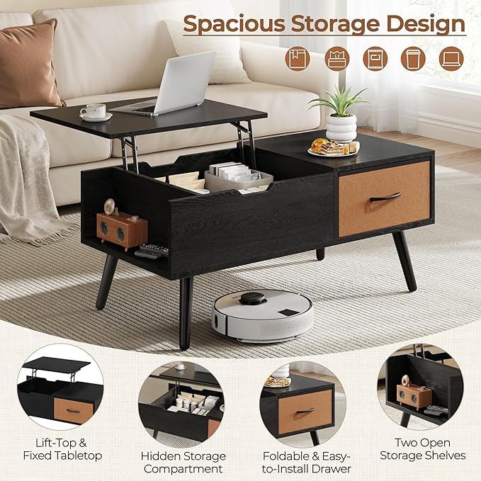 Yaheetech Lift Top Coffee Table for Living Room, Wooden Small Center Tables with Large Storage Shelf Drawer and Hidden Compartment Modern, Black