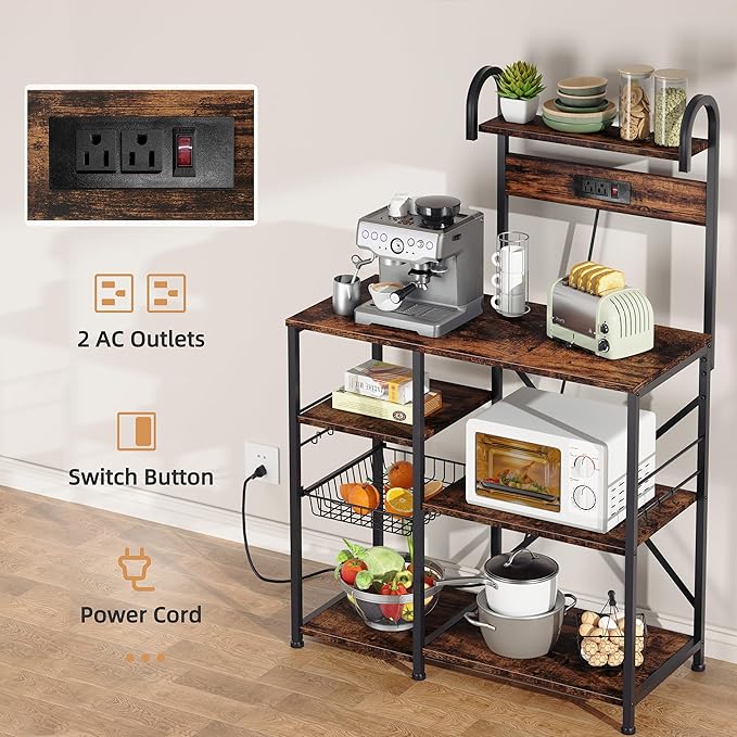 Shintenchi Kitchen Bakers Rack with Power Outlet, Multifunctional Organizer & Storage with 6 Hooks, Microwave Oven Stand, and Coffee Station Shelf, Vintage Brown