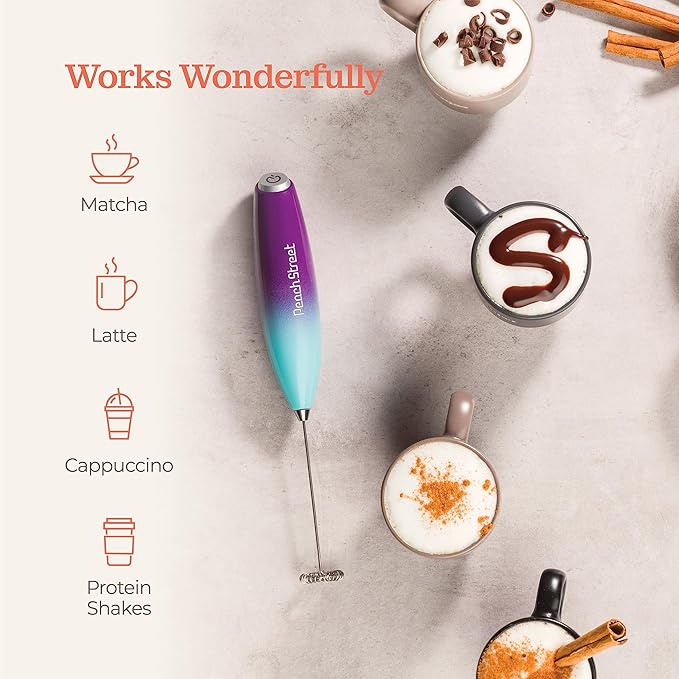 Powerful Handheld Milk Frother, Mini Milk Foamer, Battery Operated (Not included) Stainless Steel Drink Mixer with Frother Stand for Coffee, Lattes, Cappuccino, Frappe, Matcha, Hot Chocolate.