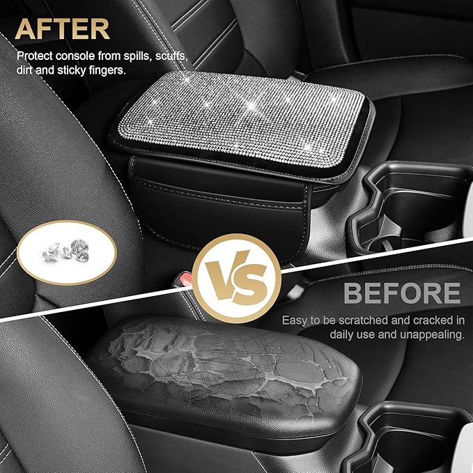 Center Console Cover Fit for Ridgeline: Upgraded Diamond Auto Middle Console Cover - Crystal Rhinestone Armrest Cover for Car with 2 Storage Bags,Anti-Scratch Auto Armrest Pad Accessory （Black