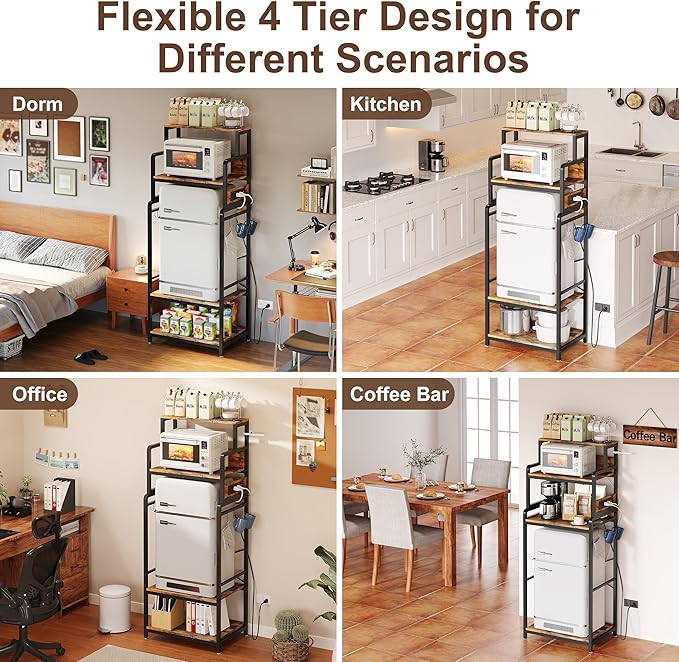 Mini Fridge Stand Microwave Combo Cabinet Station With Small Refrigerator Insert Storage Space, Shelf Organizer Unit For Dorm Room Coffee Bar To Sit, Big Table With Power Outlet To Go Over Fridge