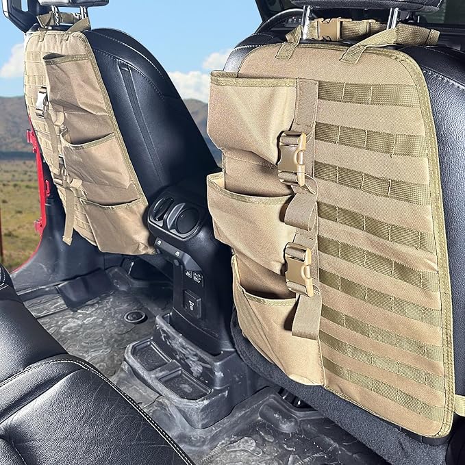 SUNPIE 2 Pcs Seat Back Truck Gun Rack，Automotive Gun Racks with Molle Panel Universal Seatback Storage Pockets Tactical Car Seat Back Organizer for Hunting Accessories Storage,Khaki