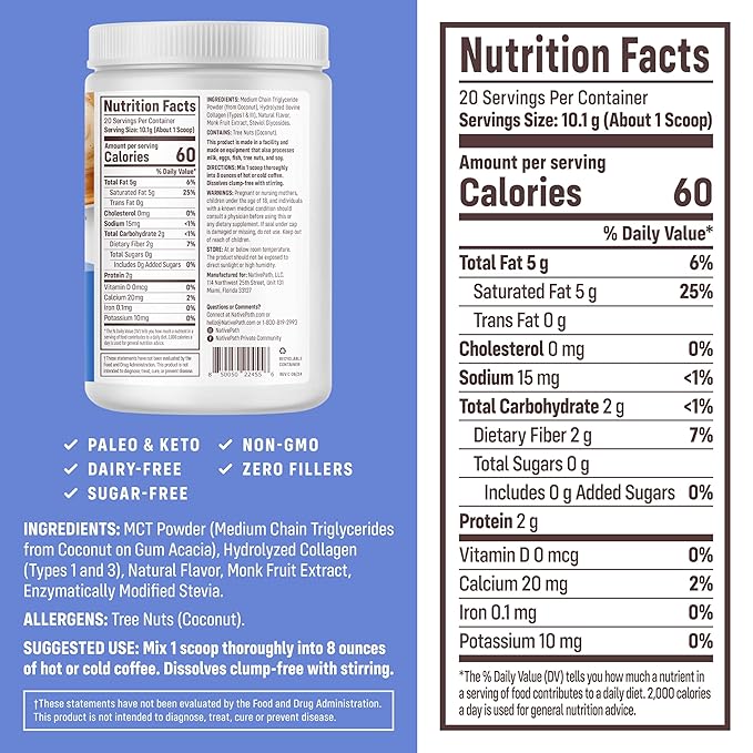 NativePath French Vanilla Keto Coffee Creamer, 20 Servings - Collagen & MCT Oil Powder, Sugar Free, Non-Dairy - Grass-Fed, Monk Fruit Sweetened, Soy & Gluten Free (7.1 oz)