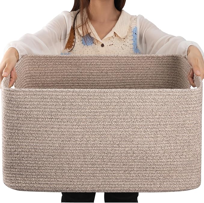 OIAHOMY 75L Large Woven Cotton Rope Storage Basket with Handle for Organizing Blanket and Toys for Living Room, Nursery, Brown Variegated 22”x17”x12”
