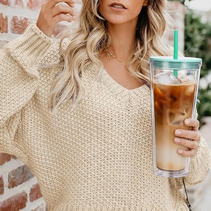 24oz Tumbler with Lid and Straw, Leak Proof and Double Wall Insulated Reusable Plastic Cups,Travel Reusable Iced Coffee Cup (1, Cyan)